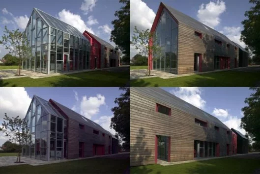 Sliding house - the mobile exterior slides back and forth to reveal a changing facade