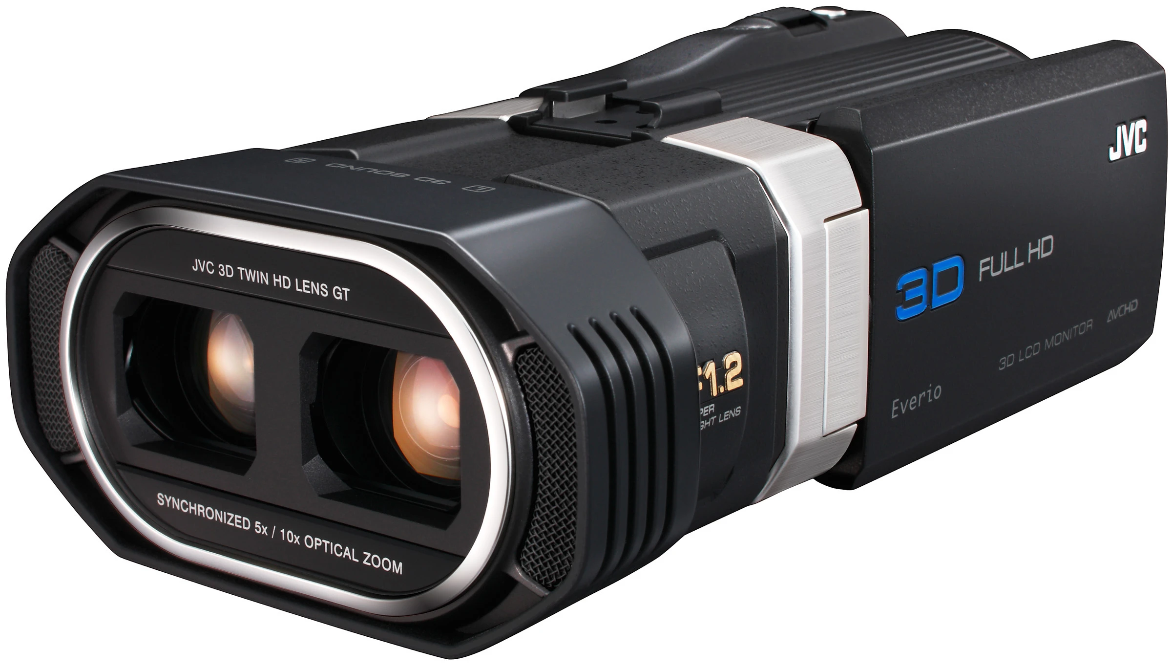 The GS-TD1 combines two 3.32 megapixel, back-illuminated CMOS sensors with JVC 3D TWIN HD GT F1.2 lenses, which is said to effectively offer two different 3D HD cameras in one camcorder body