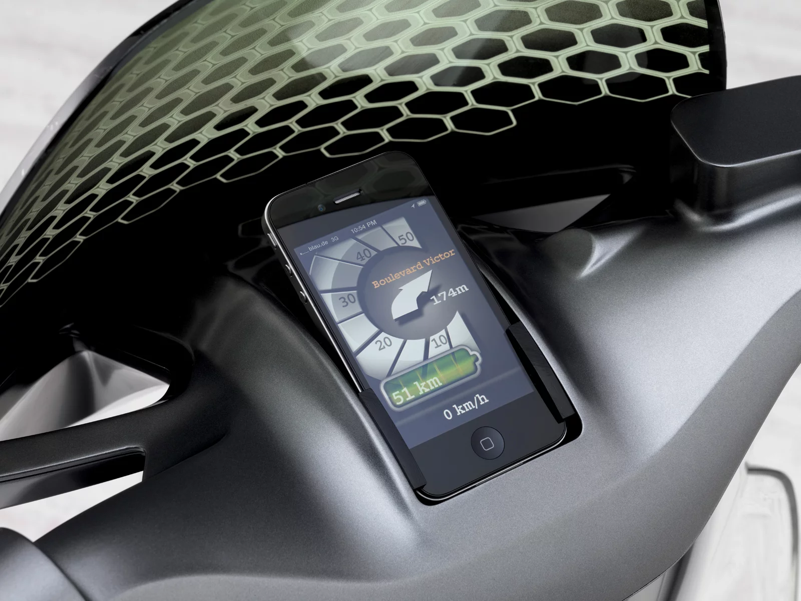 The integrated smartphone assumes various functions, including speedometer, "starter" and immobilizer