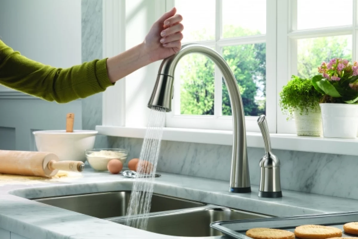 Delta's Pilar kitchen faucet is controlled by a touch anywhere on the faucet or handle