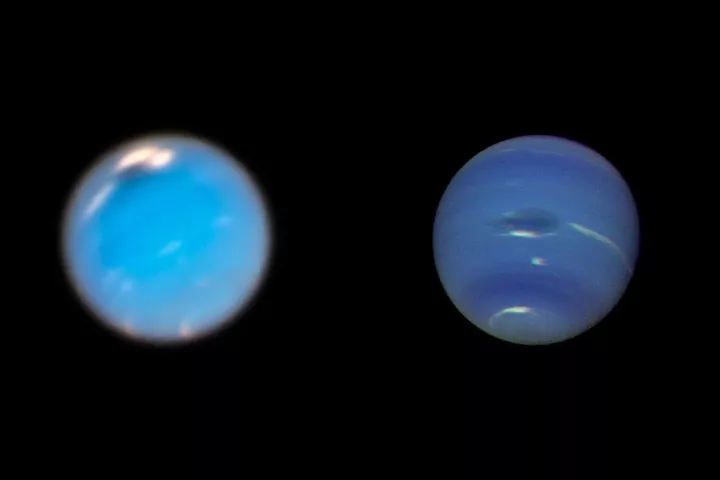 Hubble images (left) taken in 2018 show the new dark storm in the north. Images taken by Voyager 2 (right) in 1989 show the original "Great Dark Spot" in the center