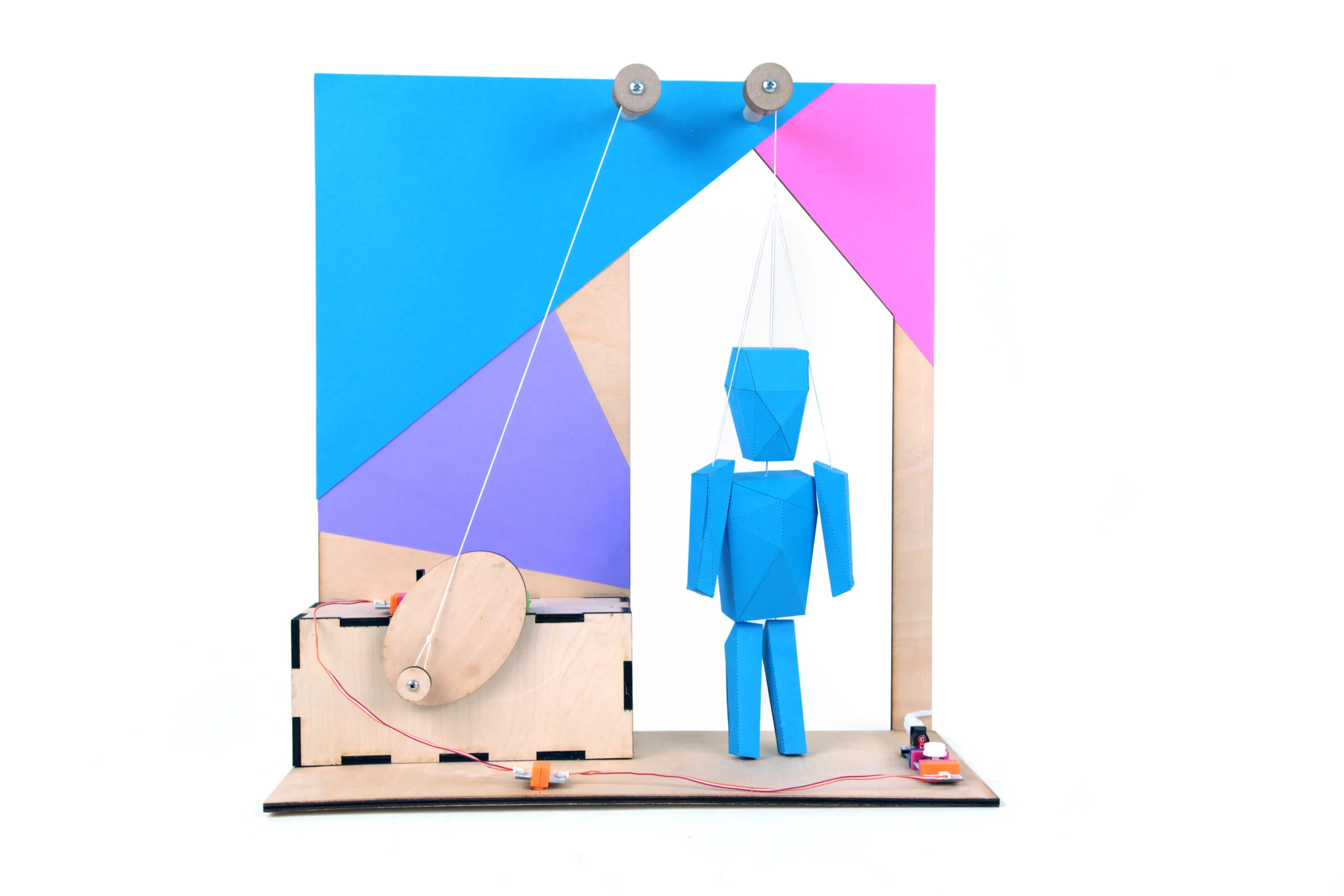 Puppet Master containing four Bits modules: power module, dc motor module, slide dimmer module and wire module (Photo: littleBits)