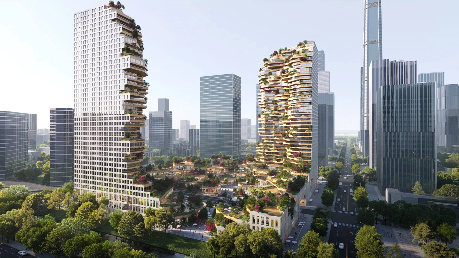 Oasis Towers will be located in the burgeoning Nanjing district Jiangbei New Area and will feature large amounts of greenery and an overall design that's inspired by nature