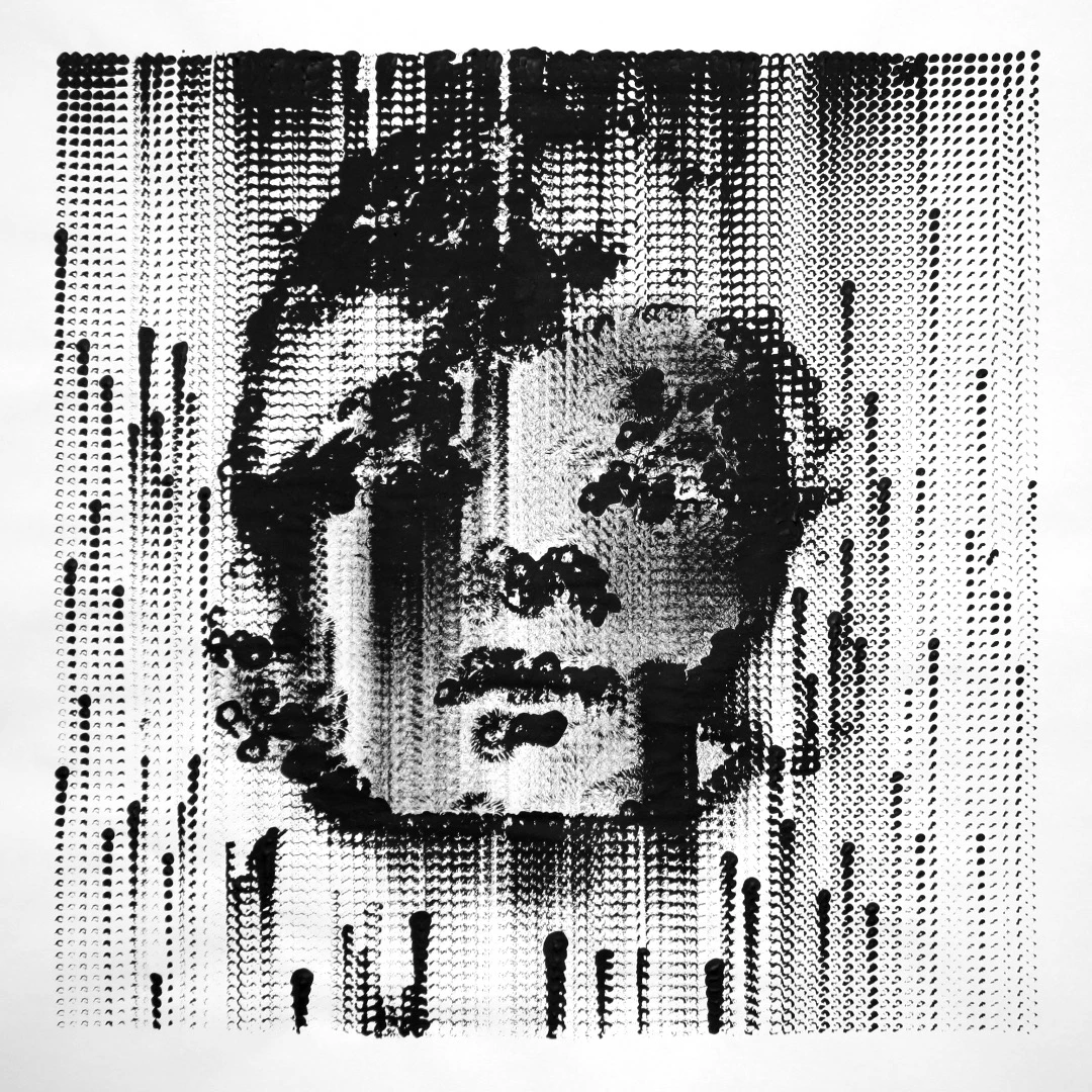 An image of Audrey Hepburn reinterpreted by the brush stroke bot of the Wentworth Institute of Technology