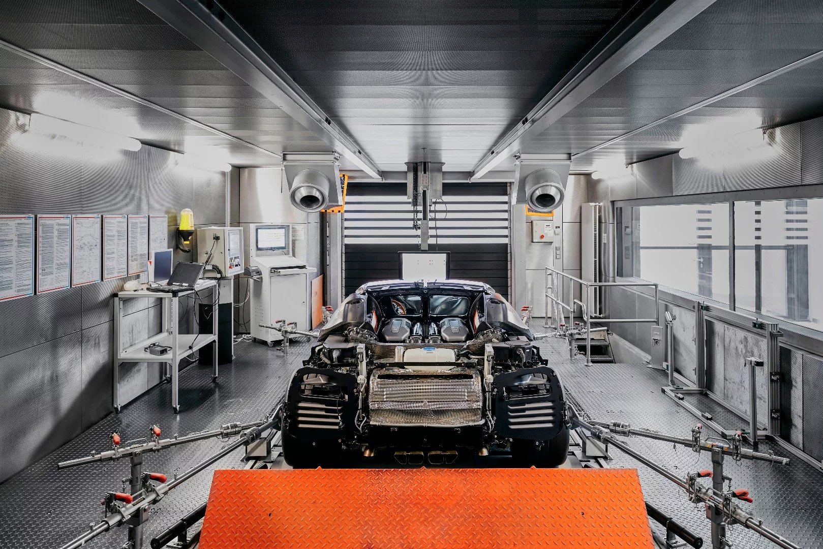The Chiron is tested on a purpose-built dynamometer in the Bugatti factory