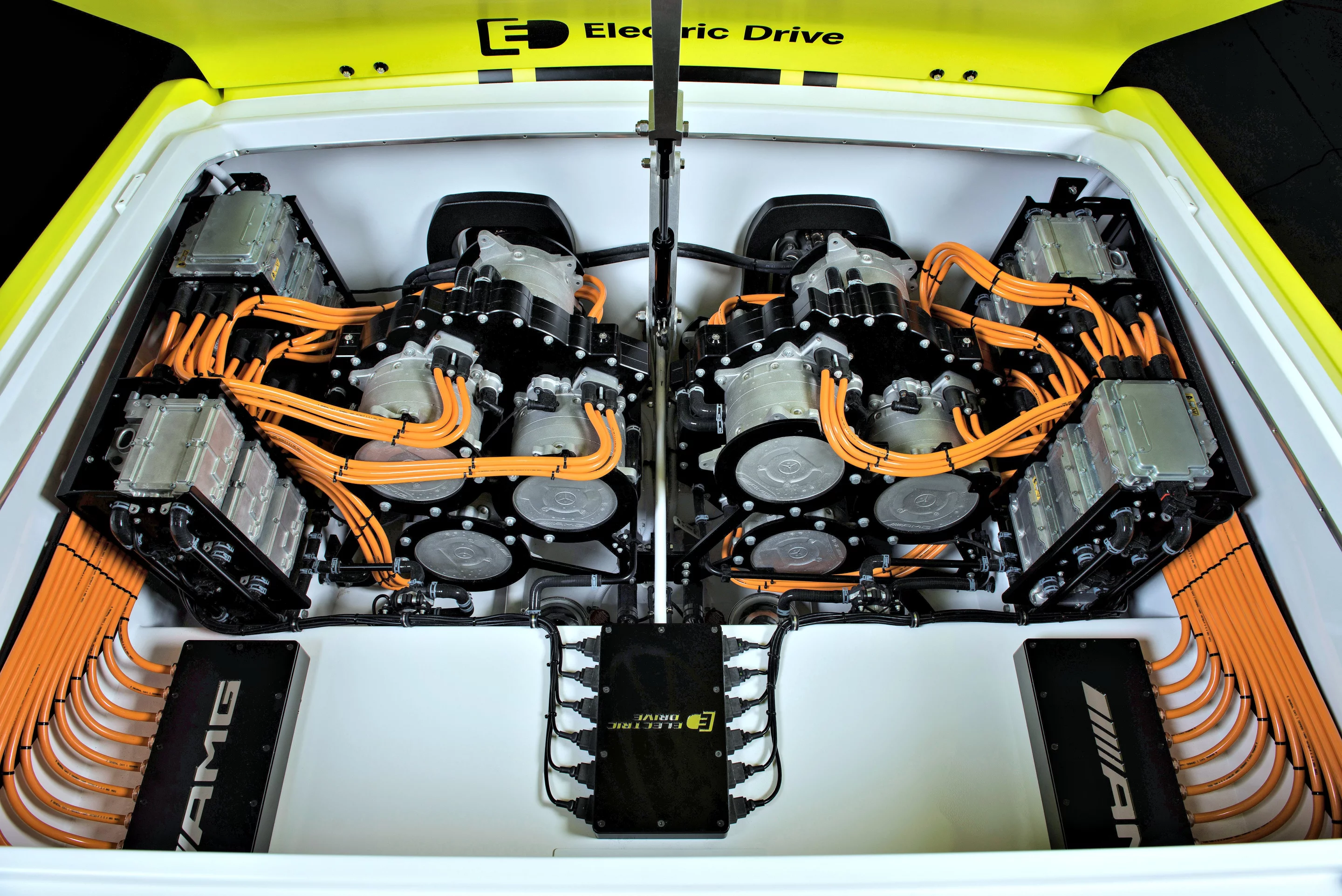 Dual six-motor clusters in the AMGCD Electric Top Gun engine compartment