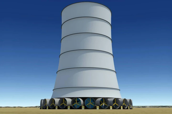 Solar Wind Energy's Downdraft Tower generates its own wind that is directed down the hollow tower and through turbines placed around its base