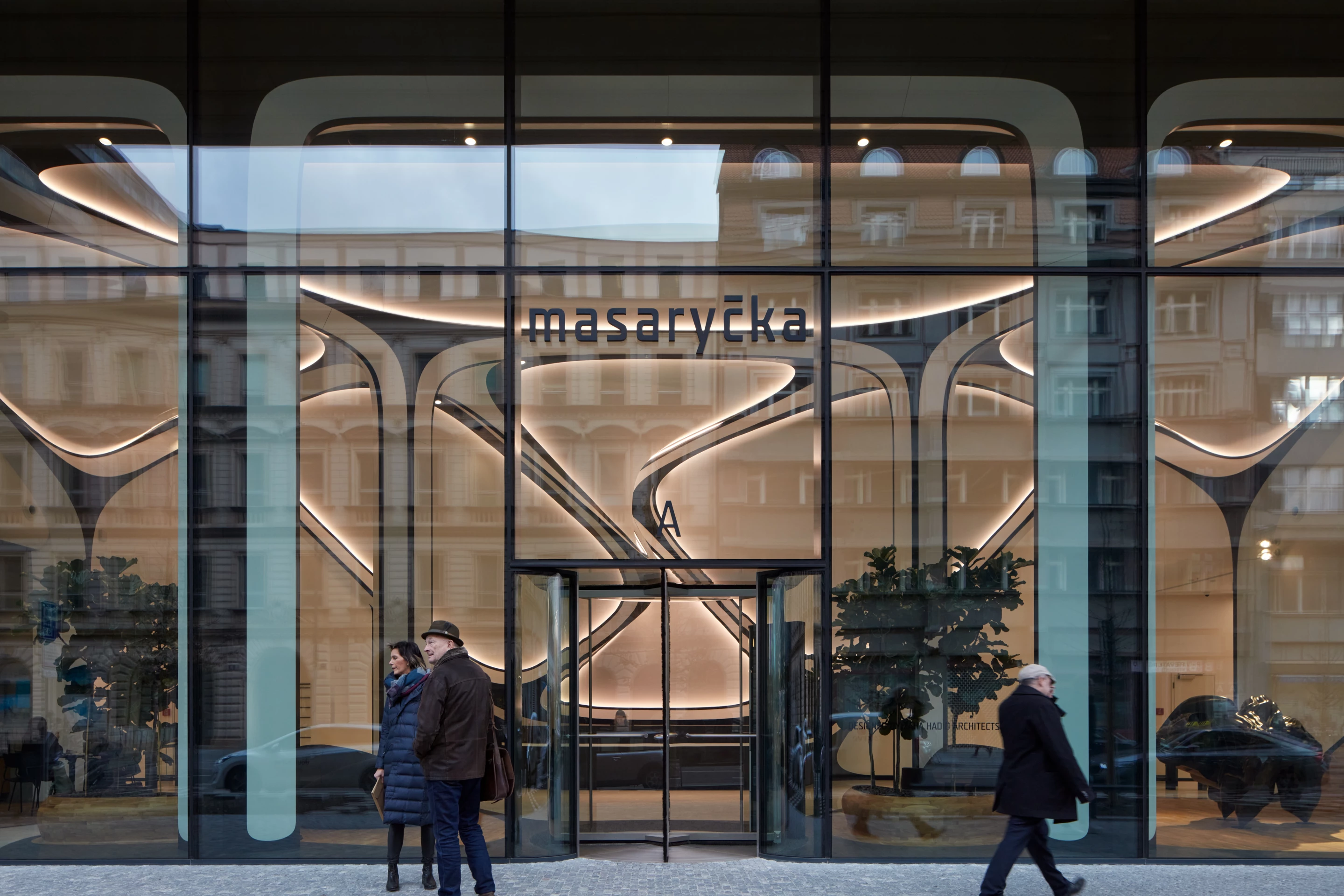 Masaryčka's interior includes retail space on the lower floors, while the upper floors are taken up by offices