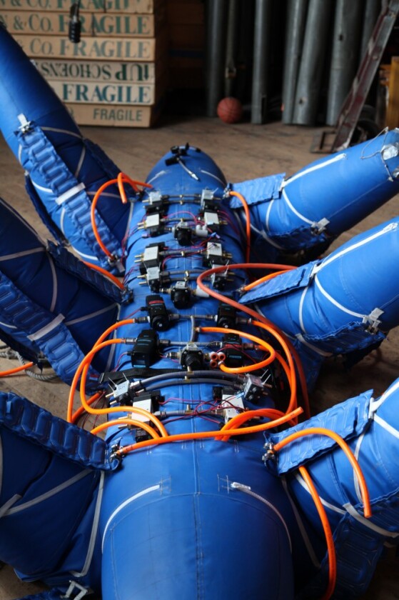 Central manifolds dispense compressed air to Ant-Roach's actuators, causing the legs to move