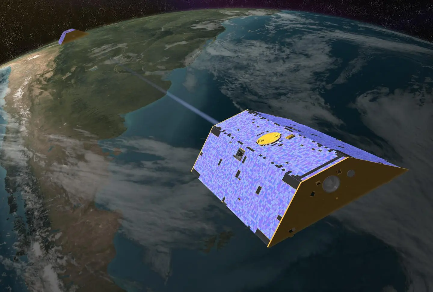 Artist's concept of the twin Gravity Recovery and Climate Experiment (GRACE) satellites in orbit