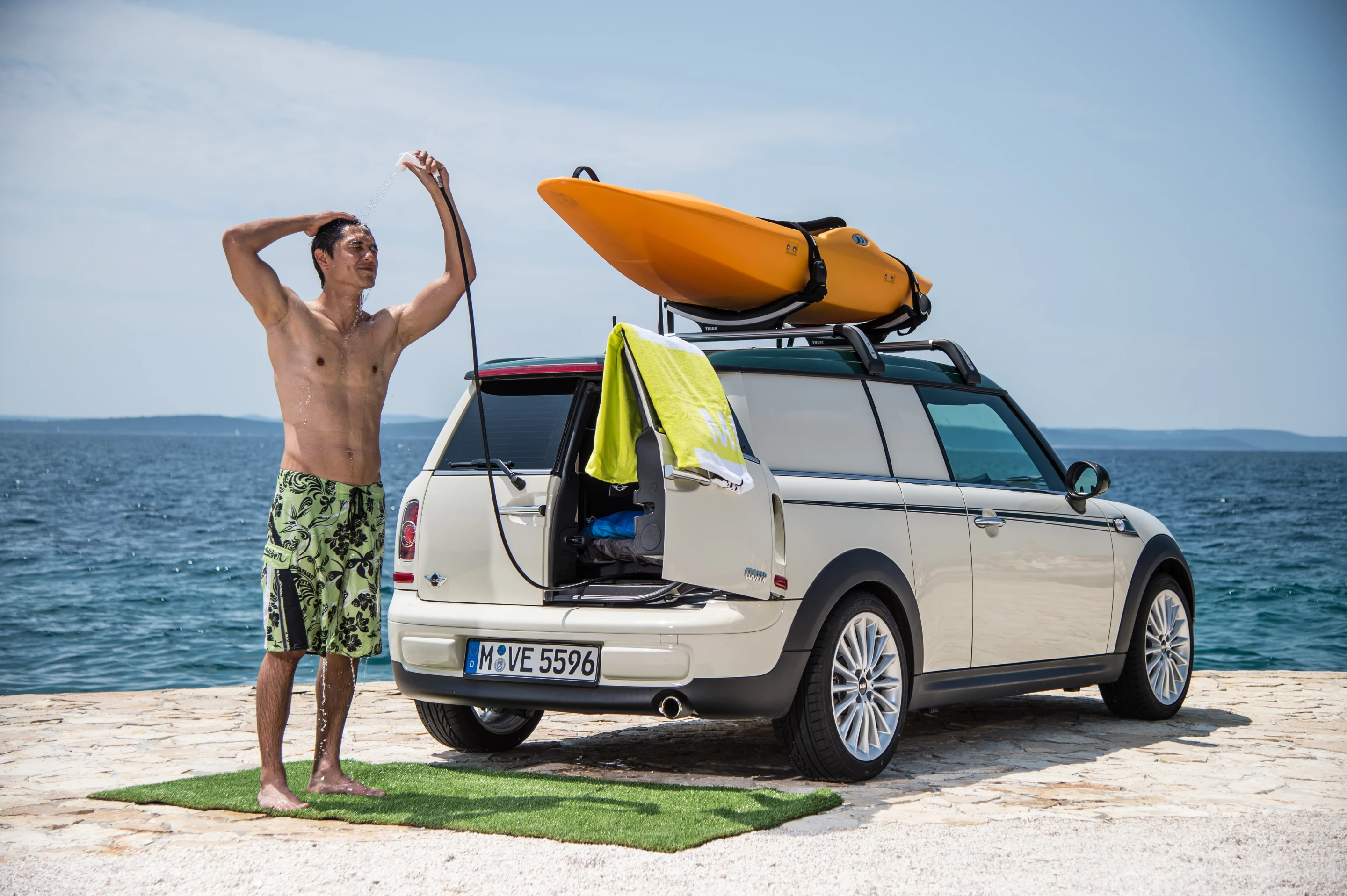 An auxiliary heater, a small flatscreen TV and, notably, a handheld shower designed to be used outside of the vehicle round out the home comforts included
