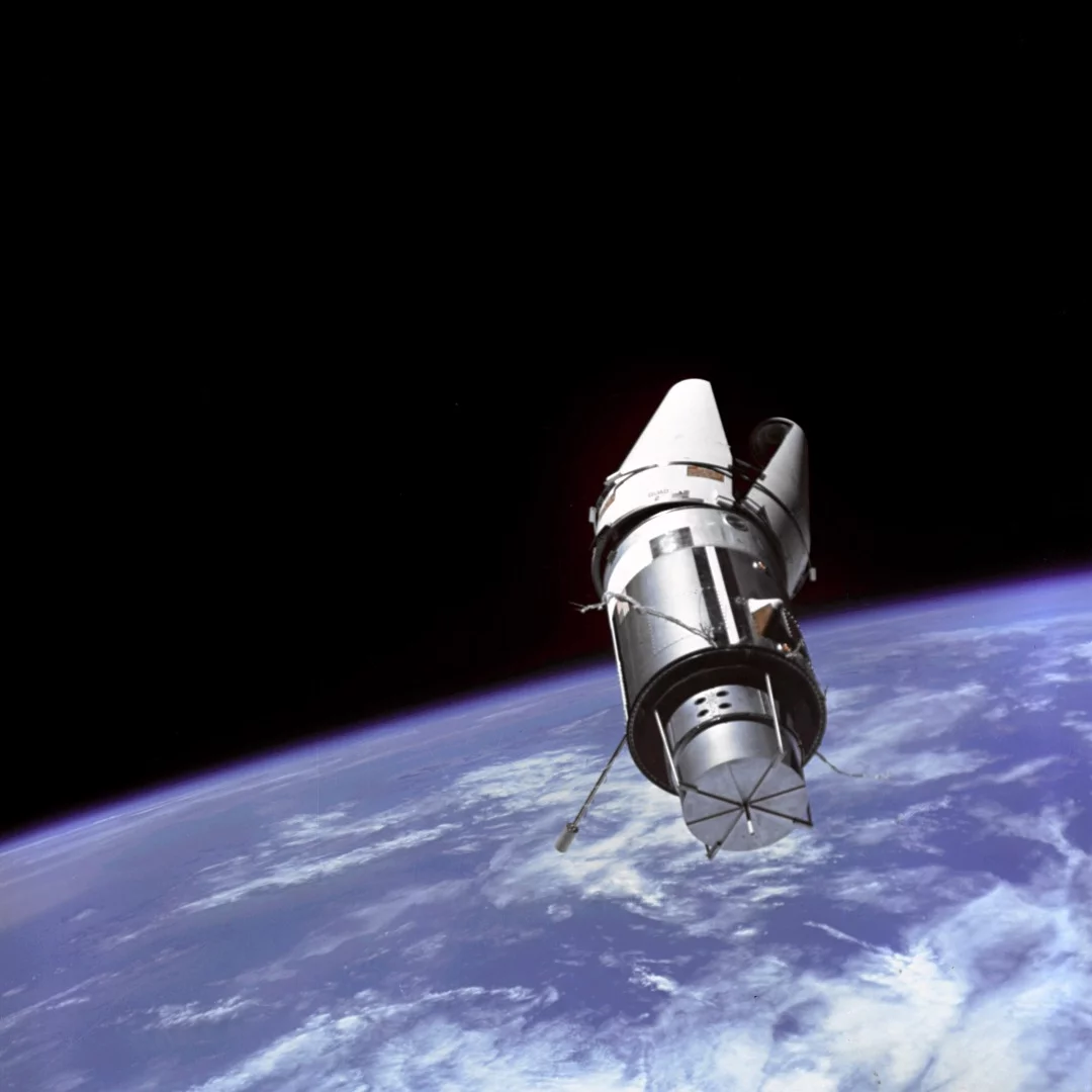 Gemini 9A mission: "Would you believe that there's a nose cone on that rascal. The shroud is half open. It looks like an angry alligator out there rotating around."