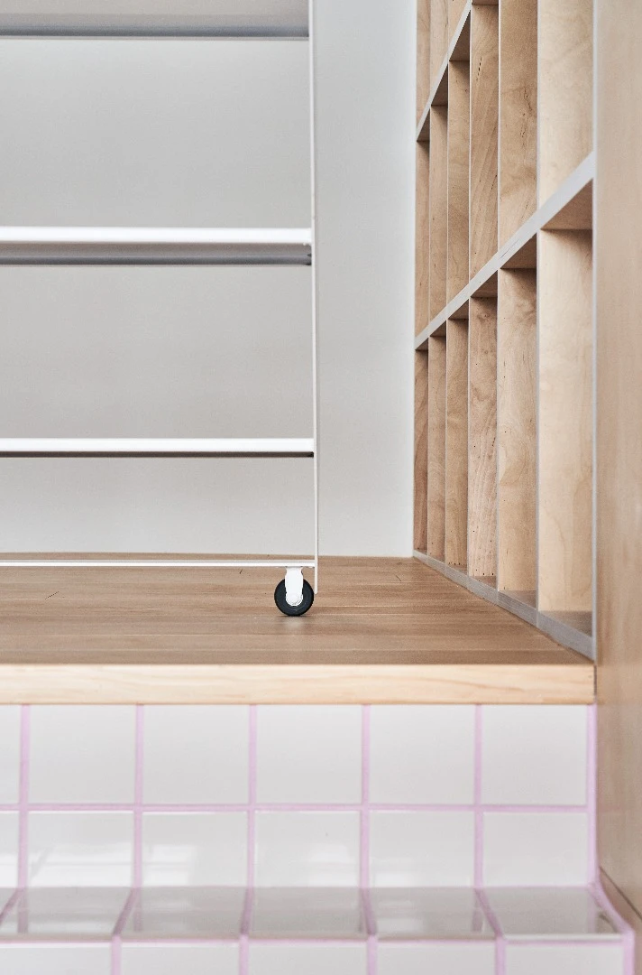 Stairs and shelving inside the Muzha Micro Flat