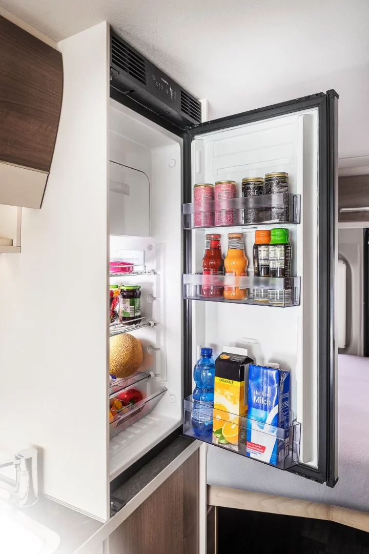 Each VanTourer floor plan includes either a 75- or 90-L fridge