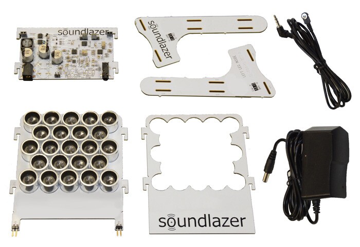 The five components snap together to form a stand-up parametric speaker