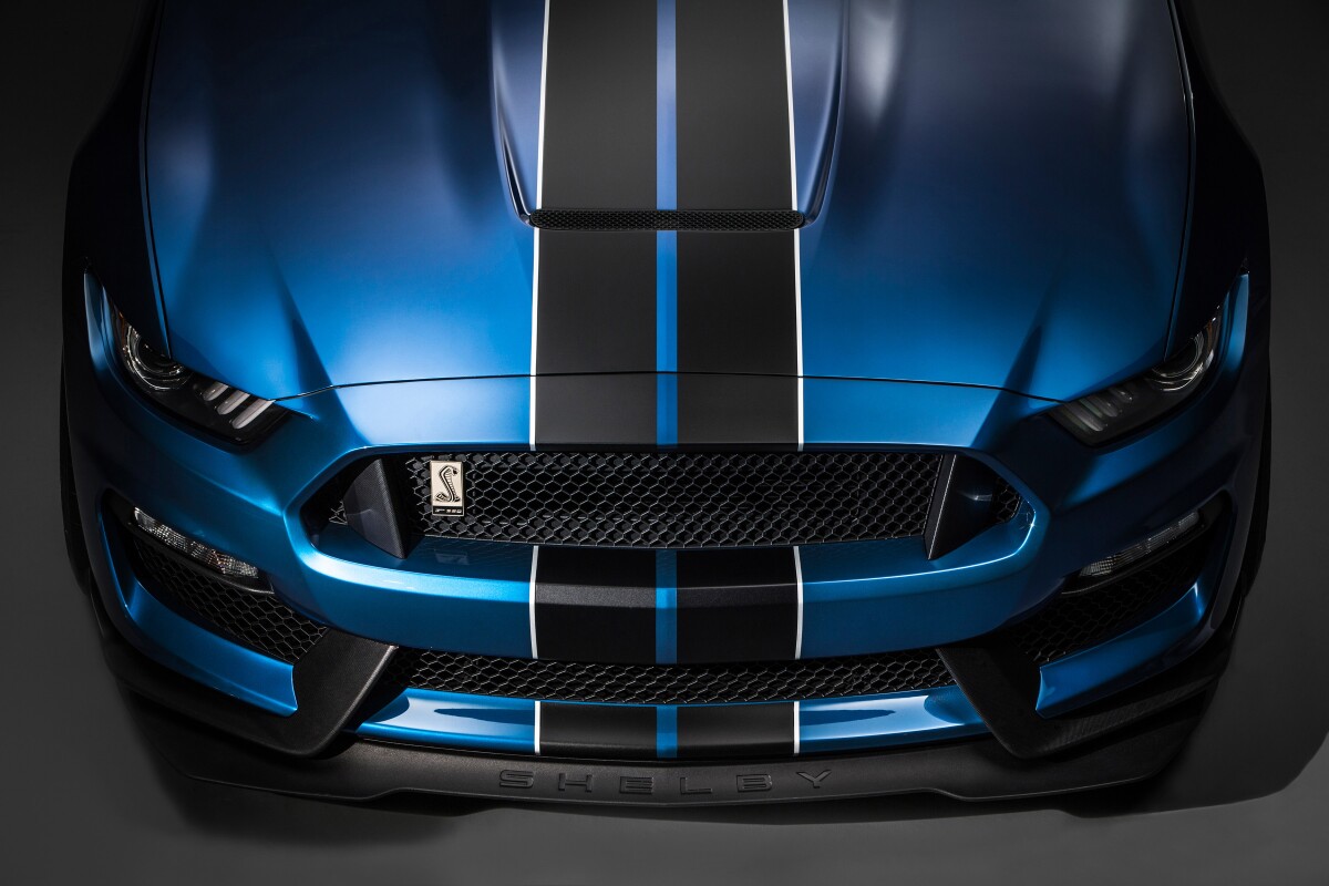 The Ford Shelby GT350R Mustang showing its aggressive grille