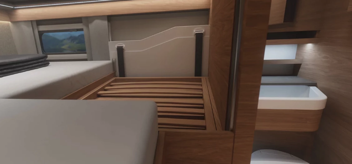 A signature feature of the Knaus Tourer CUV MQ floor plan is the expandable dry bathroom that operates in conjunction with the retractable bed panel