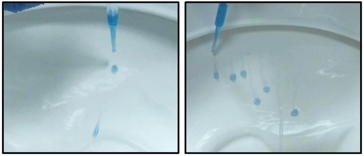 In another experiment, the coating made the toilet bowl on the left more slippery than the untreated one on the right