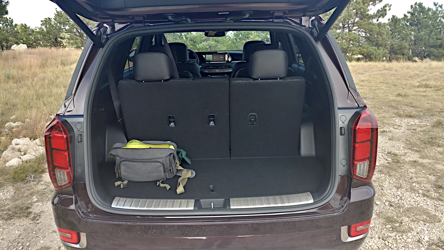The 2020 Palisade has a large cargo space at 18 cubic feet/510 liters behind the third row, 86.4 cubic feet/2,447 liters in all