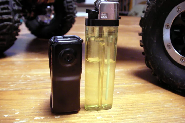 Smaller than a BIC lighter, and just about as cheap: the MD80 mini video camera/helmet cam. Photo: RC RockCrawler.