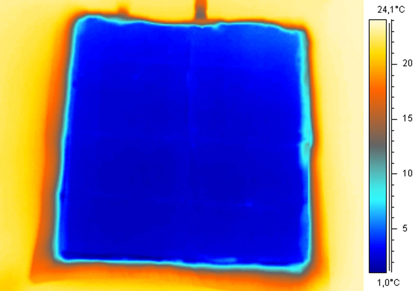 An infrared image of one of the cooling pads, illustrating how cold they get