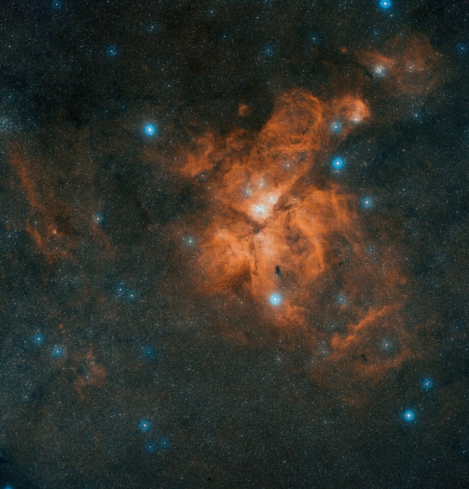 A color composite of the Carina Nebula made from images taken from the Digitized Sky Survey 2