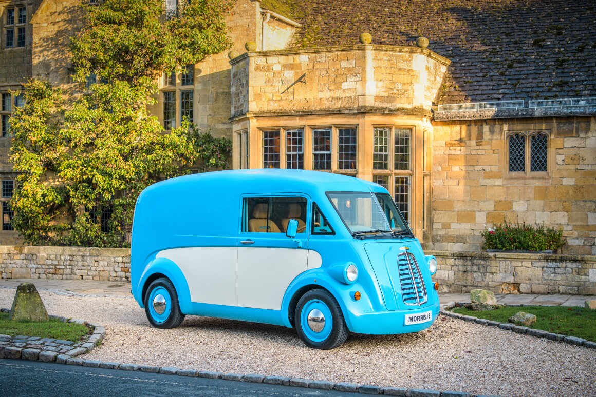 Two-tone paint, a split windshield and hoodless body ... Morris beats Volkswagen to the electric classic van revival punch