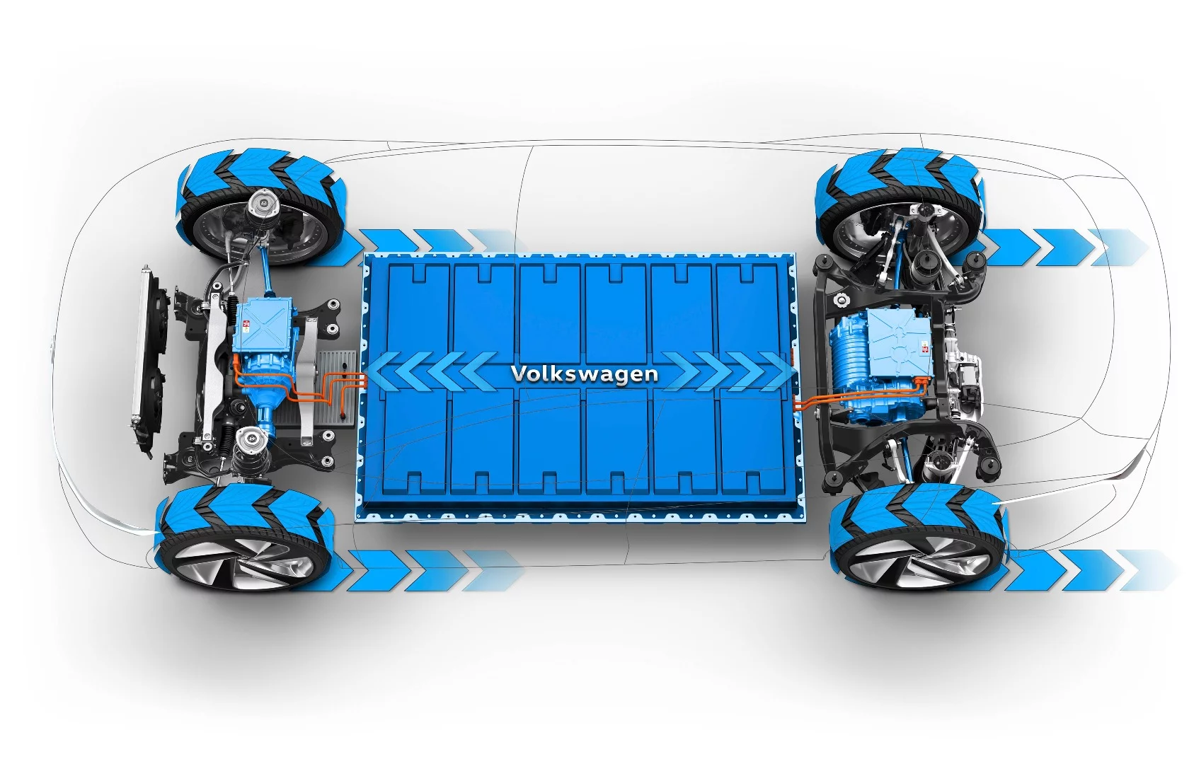 The motors provide both motive power and regenerative braking in the Volkswagen ID Vizzion concept