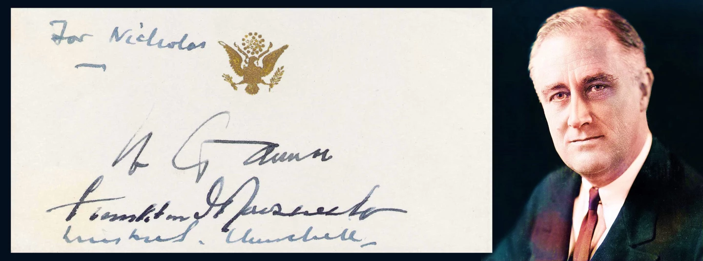 This autographed White House Card was most likely signed during the Tehran Conference of 1943, when Franklin D. Roosevelt met with Josef Stalin of Russia and British Prime Minister Winston S. Churchill to formulate plans during World War II. It's a card that projects power like no other.