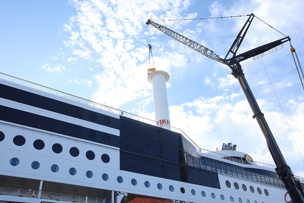 Norsepower's 24 meter tall Rotor Sail being installed in the M/S Viking Grace passenger ship