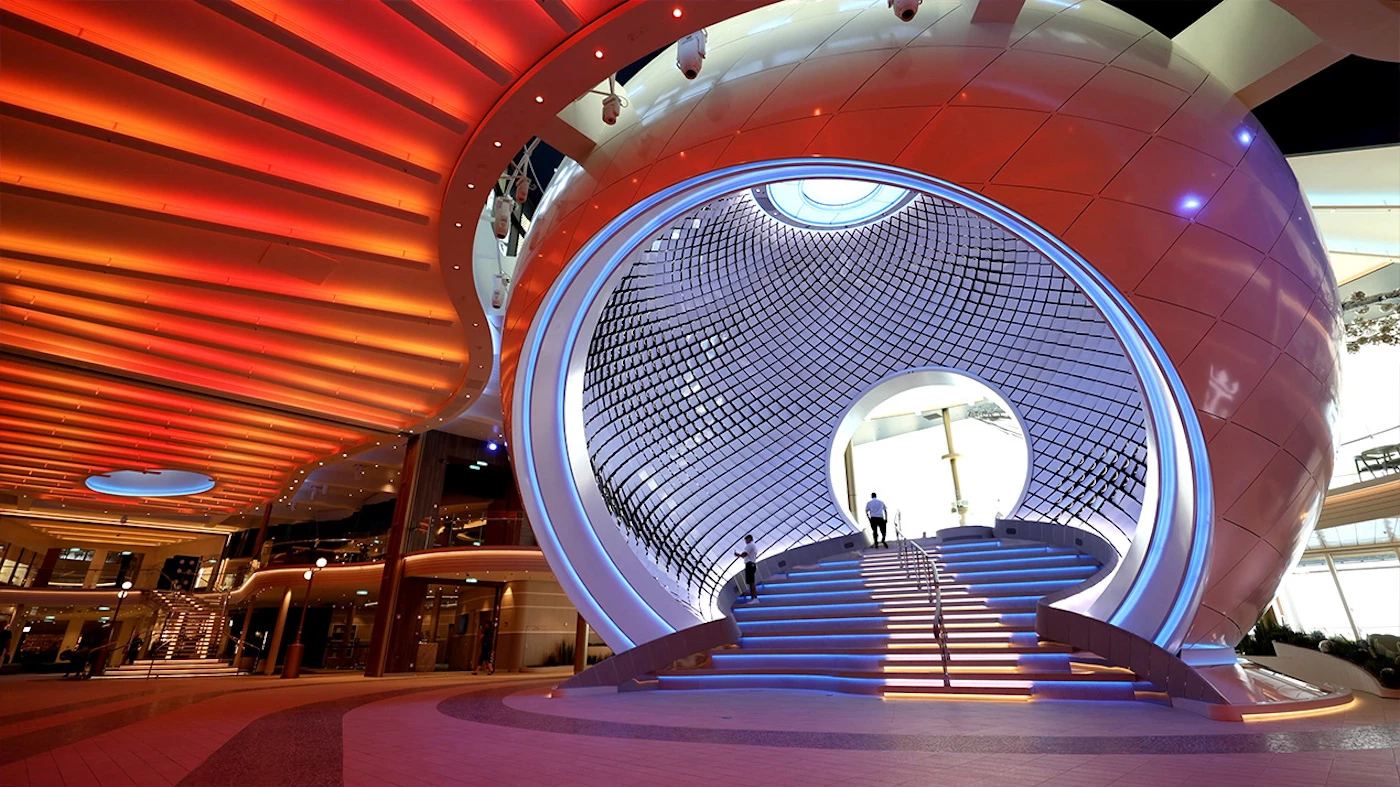 The Pearl has a height of roughly 45 ft (13.7 m) and a diameter of 53 ft (16 m)