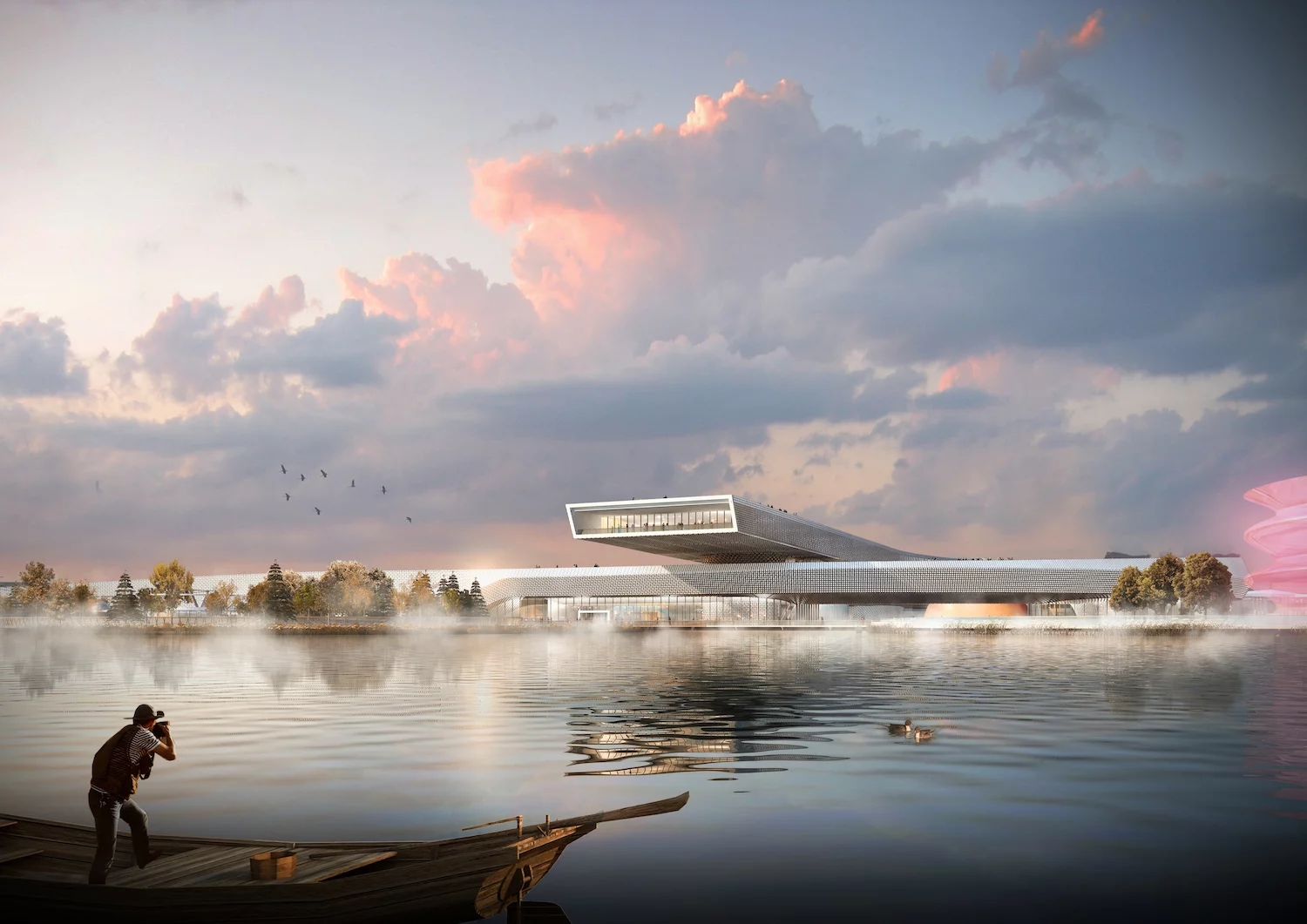 The Suzhou Science & Technology Museum will emerge from the base of a nearby mountain and cantilever over a lake and an archipelago of small artificial islands