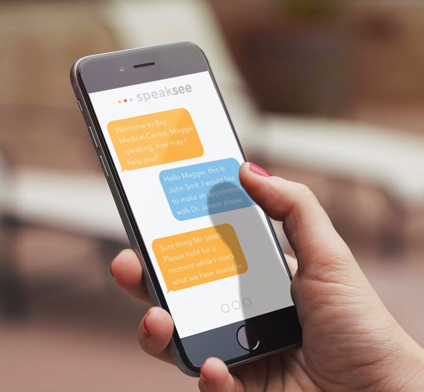 The SpeakSee app transcribes audio data into text that is displayed onscreen in real time, with different colors and names indicating which person is speaking