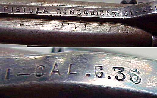 Markings on the triple-barrel revolver identify it as a Pistola con Caricato in 6.35mm. Caricato is an Italian word meaning either stuffed or caricature. Either could apply to this handgun (Photo: Horst Held)