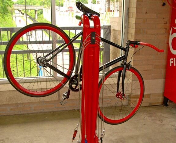 A bike mounted on the Bike Fixtation repair stand awaiting some emergency attention