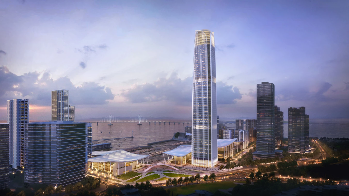 Jiuzhou Bay will feature a 1,045-ft (318-m) supertall skyscraper