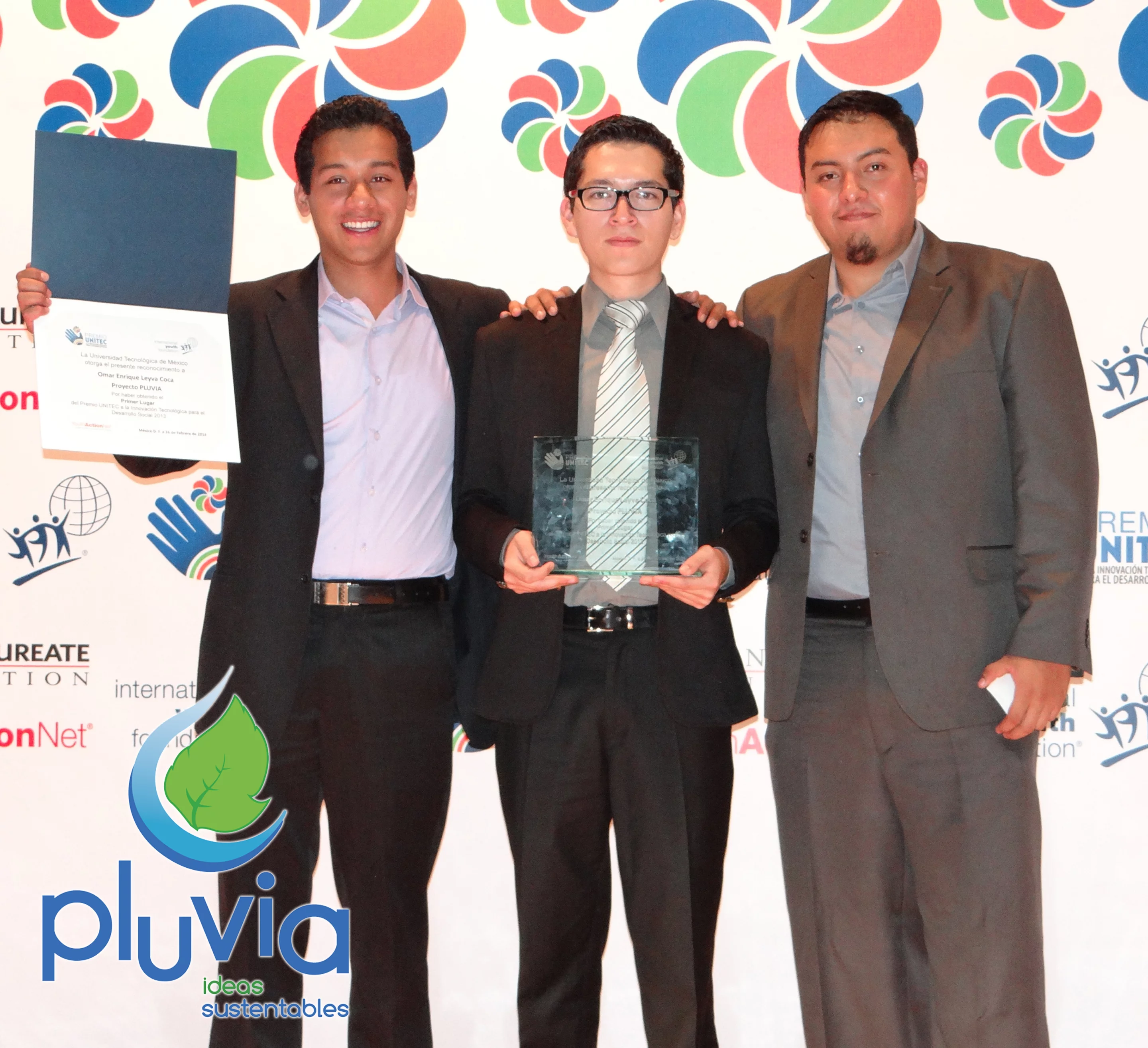 The three young inventors of the Pluvia system, which uses rainwater runoff to generate electricity