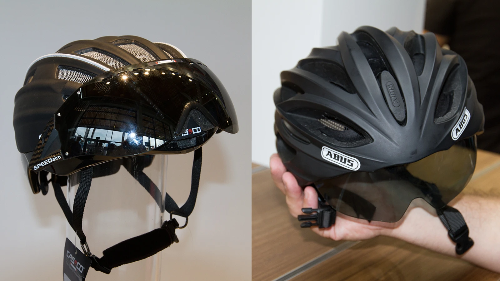 Casco's SPEEDmask mechanism (left) and the slider mechanism from ABUS (right)