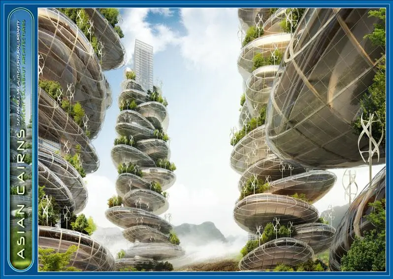 Each "farmscraper," as the group calls them, would consist of a central tower with a series of pebble-like sections spiraling upwards around it and growing smaller toward the top