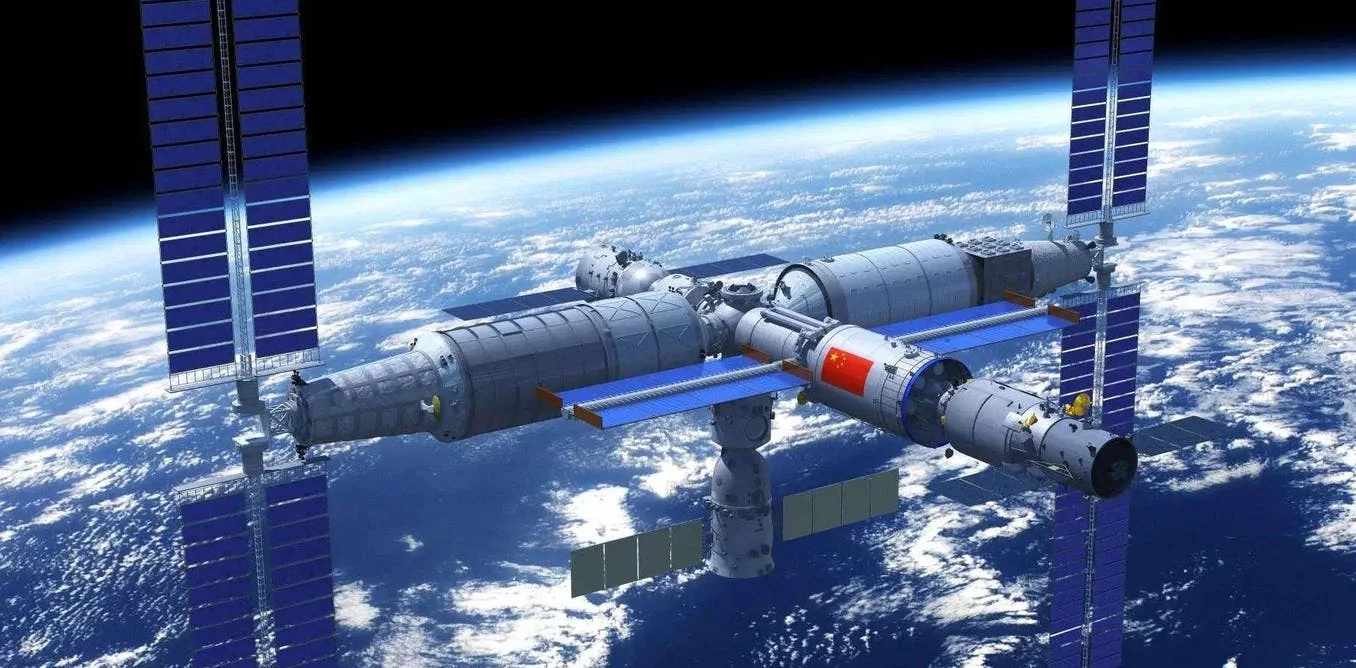 A render of China's Tiangong space station in orbit