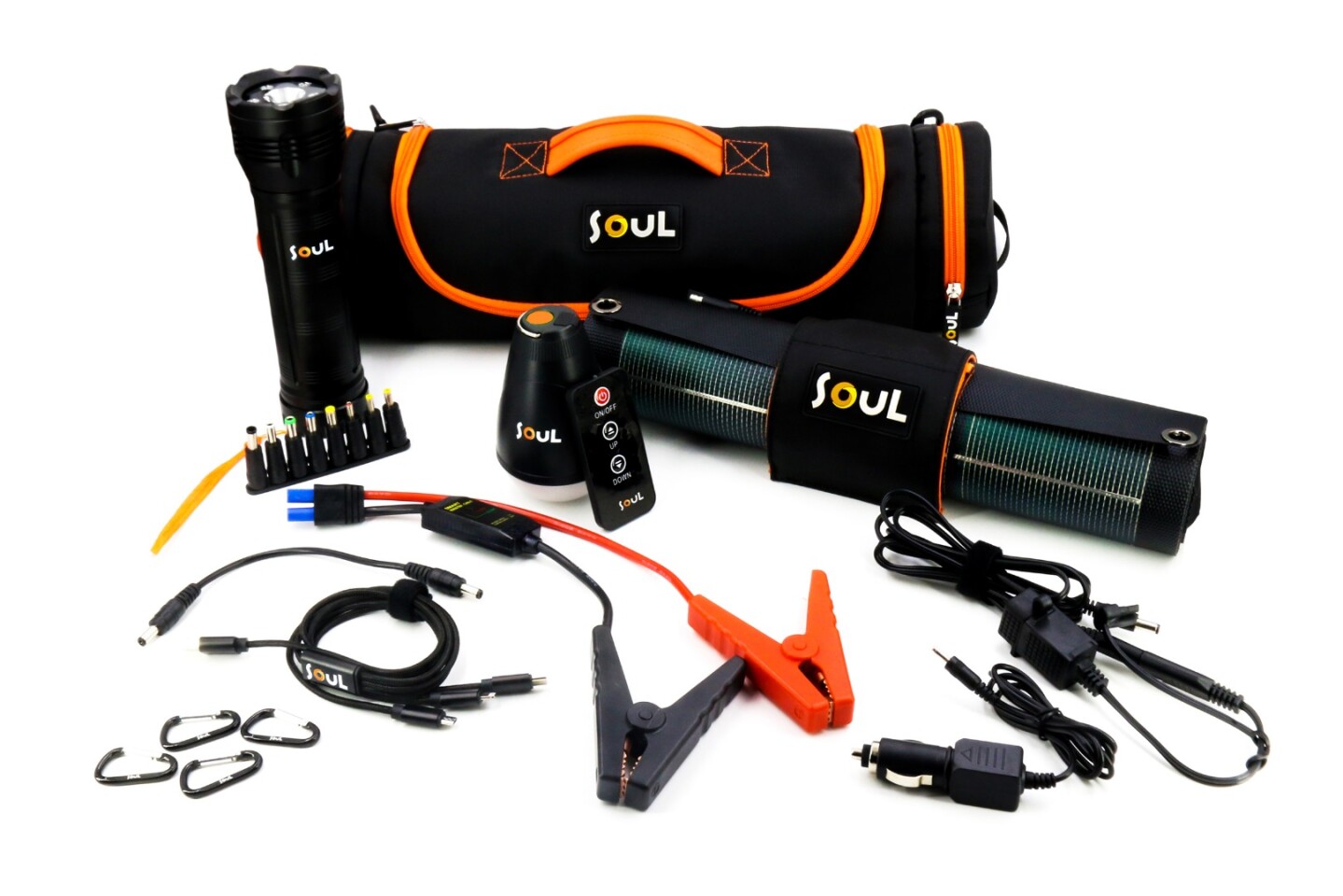 Soul's full Solar Kit includes a power bank/flashlight, jumper cables, a solar panel, a camping light and more