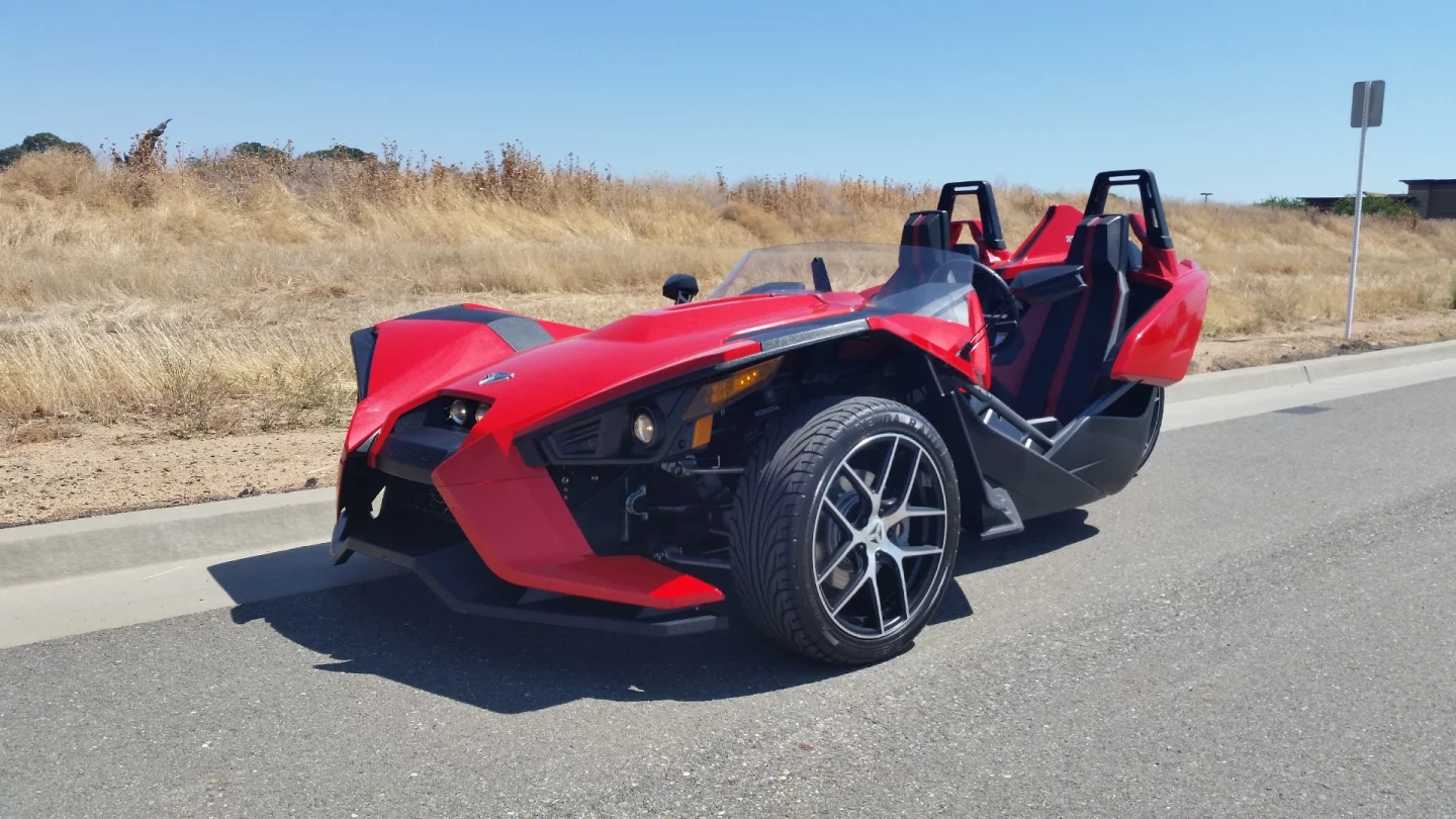 From the side, the Slingshot looks like a big bucket wrapped in sleek angular plastic