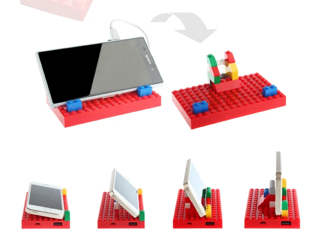 The slanted Lego bricks which come included can be used to create a customizable stand for your phone or tablet