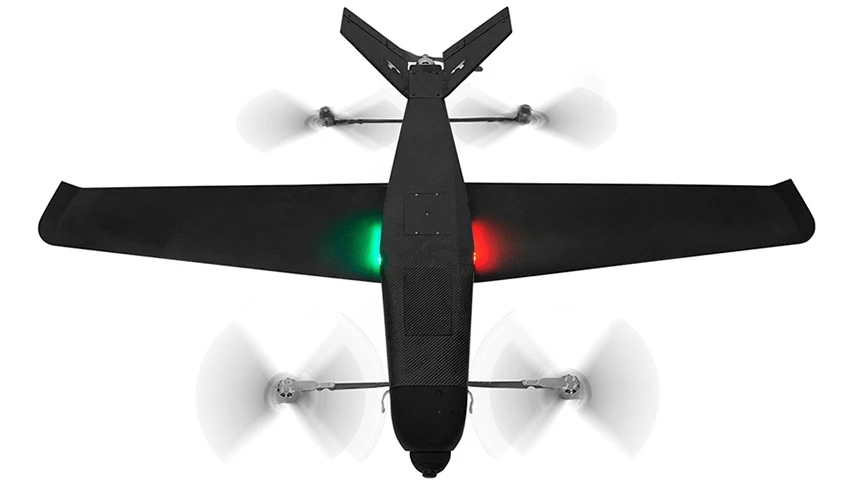 The SkyProwler 2 has four sets of rotors that allow it to take off and land vertically like a quadcopter, and to hover on the spot