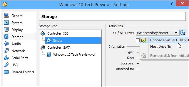 Select the Windows 10 ISO as the virtual DVD before installation