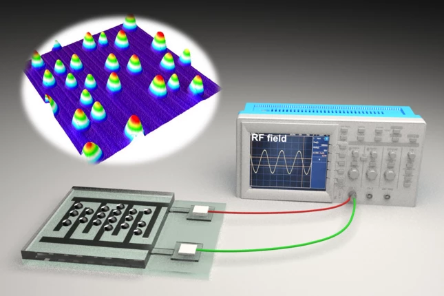 An illustration shows how a generator (right) delivered a radio signal to the artificial skin (left), causing liquid to be wrung out of its pores (top)