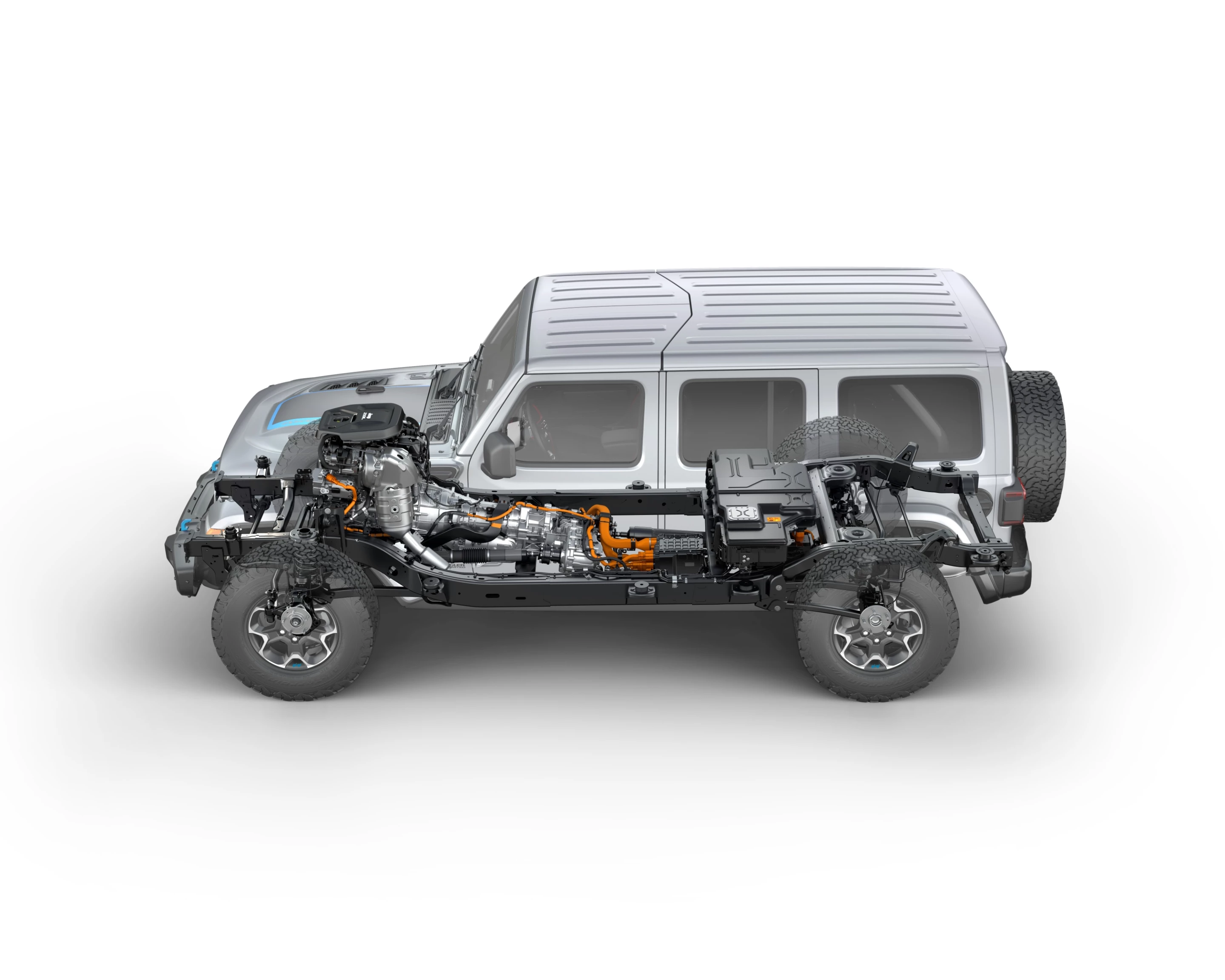 Side view cutaway of the 2021 Jeep Wrangler Rubicon 4xe hybrid electric, showing the location of powertrain components