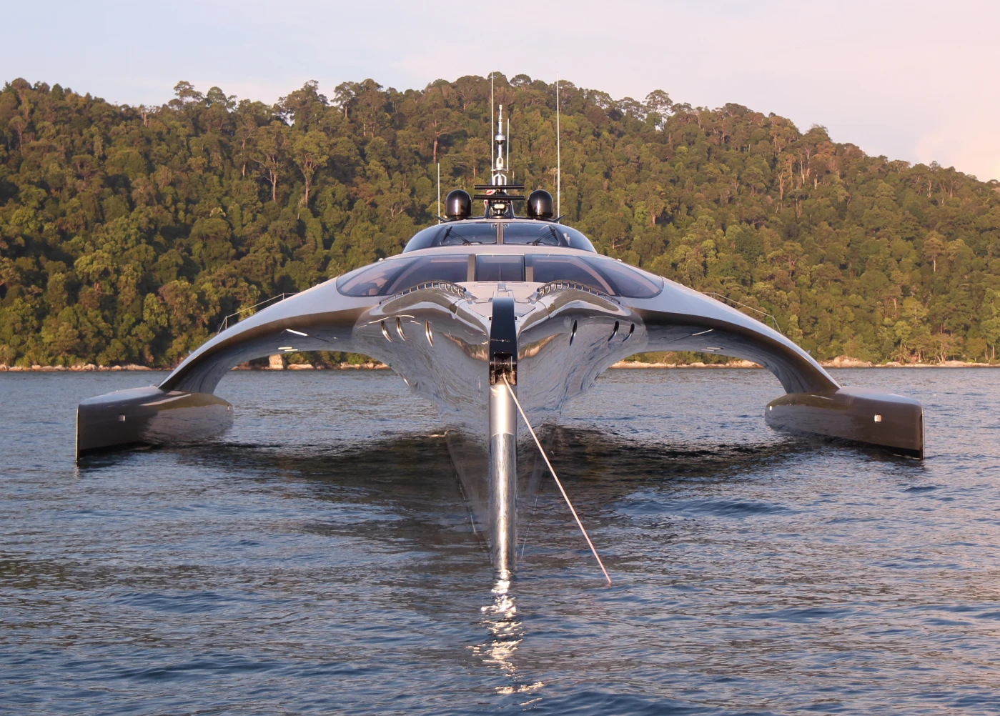 The futuristic looking superyacht features a distinctive trimaran shape