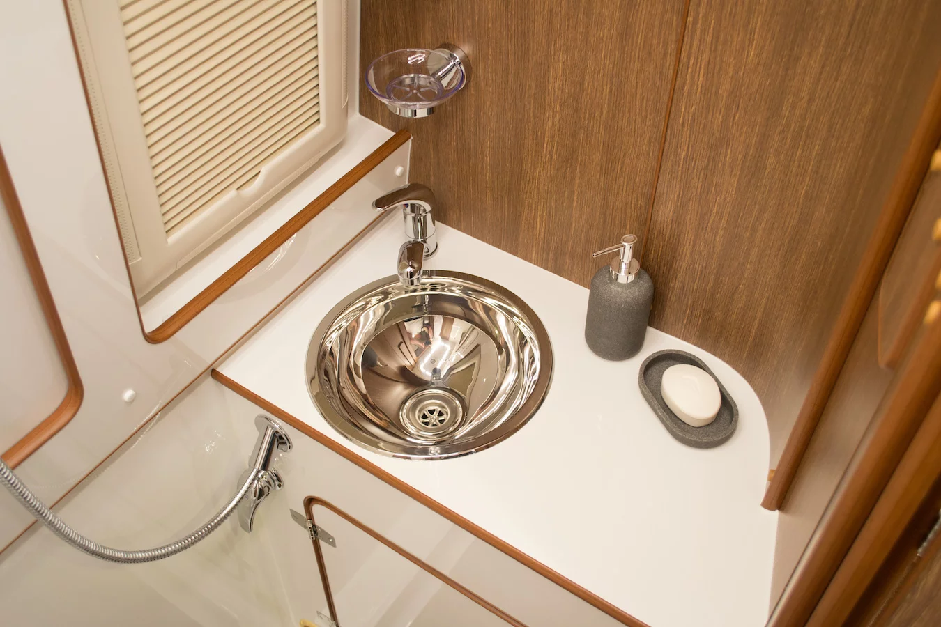 Other Crafter motorhomes use flip-away sinks to save space, but the 680CRD has a fixed sink with counter