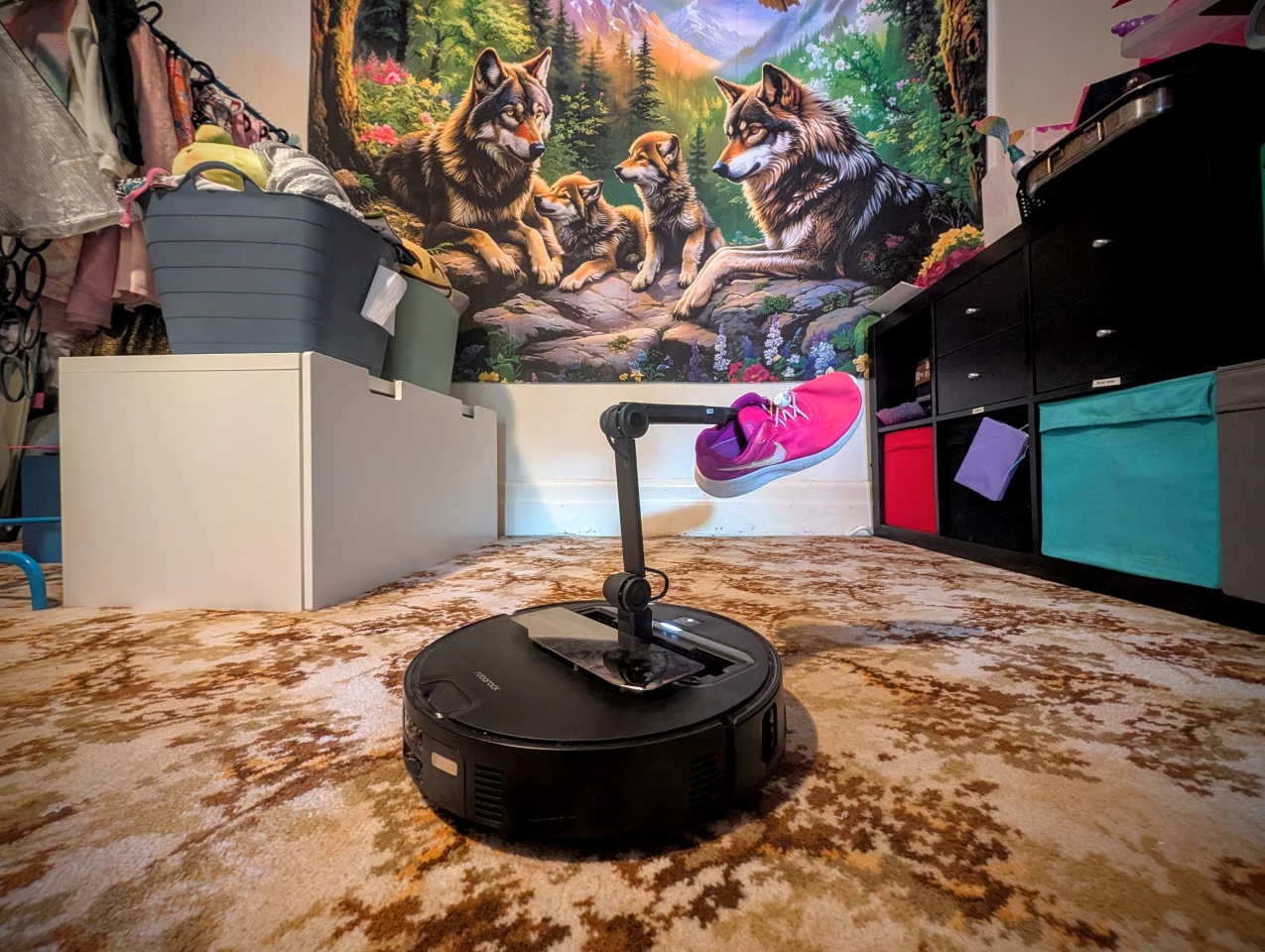 Like an ape holding up a bone, the Roborock Saros Z70 holds up a shoe. Yes, my daughter has a four-wolf wall hanging. She's seven. Yes, I had to remote-control the robot to stage this picture.